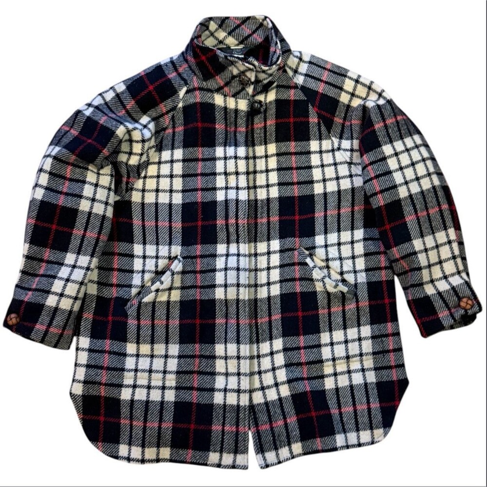 Vintage Orvis Jacket Womens Large Black White Plaid Flannel Wool Car Pea Coat